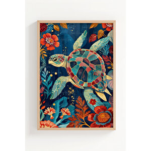 Deniz Canlıları Ve Çiçek Desenli 3 Parçalı Ahşap Çerçeveli Tablo Seti