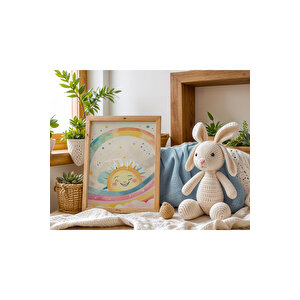 Bebek Ve Çocuk Odası Neşeli Gökkuşağı, Bulut Ve Ay Tema Ahşap Çerçeveli 3'lü Tablo Seti 30x42 cm