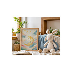 Bebek Ve Çocuk Odası Neşeli Gökkuşağı, Bulut Ve Ay Tema Ahşap Çerçeveli 3'lü Tablo Seti 30x42 cm