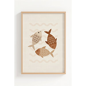Deniz Canlıları Minimal 3 Parçalı Ahşap Çerçeveli Tablo Seti 21x30 cm