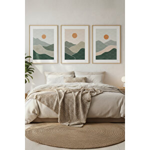 Minimalist Dağ Manzarası Güneş Temalı 3 Parçalı Ahşap Çerçeveli Tablo Seti 30x42 cm