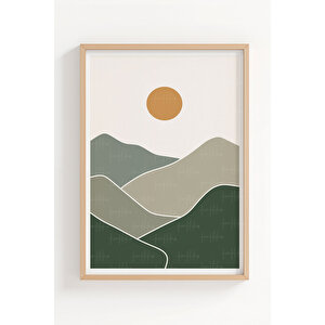 Minimalist Dağ Manzarası Güneş Temalı 3 Parçalı Ahşap Çerçeveli Tablo Seti 30x42 cm
