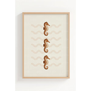 Deniz Canlıları Minimal 3 Parçalı Ahşap Çerçeveli Tablo Seti