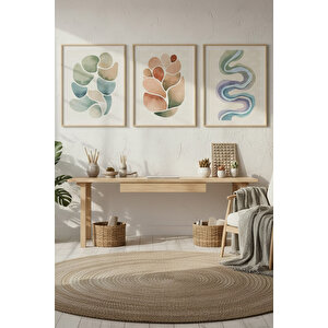 Soyut Organik Formlar 3’lü Ahşap Çerçeveli Tablo Seti - Minimalist Dekor 30x42 cm