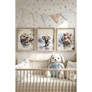 Bebek Ve Çocuk Odası Su Hayvanları Tema Ahşap Çerçeveli 3'lü Tablo Seti 21x30 cm