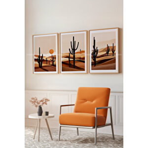 Çöl Ve Kaktüs Temalı 3'lü Ahşap Çerçeveli Tablo Seti-21x30 21x30 cm