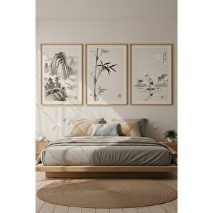 Japon Sumi-e Sanatı 3’lü Ahşap Çerçeveli Tablo Seti - Doğa Ve Minimalist Zen Tarzı 50x70 cm