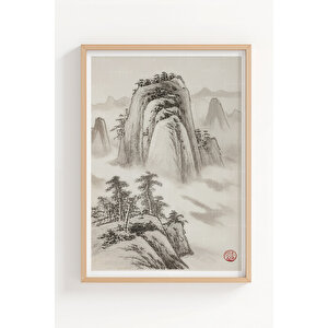 Japon Sumi-e Sanatı 3’lü Ahşap Çerçeveli Tablo Seti - Doğa Ve Minimalist Zen Tarzı 50x70 cm