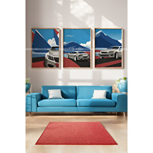 Modern Spor Arabalar 3 Parçalı Ahşap Çerçeveli Tablo Seti-2 30x42 cm