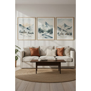 Kış Manzarası 3’lü Ahşap Çerçeveli Tablo Seti - Salon Dekoru 21x30 cm