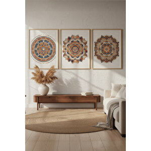 Boho Mandala Desenli 3’lü Ahşap Çerçeveli Tablo Seti 30x42 cm