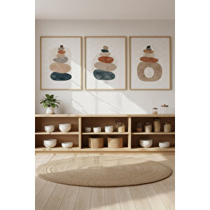 Zen Taş Dengesi Temalı 3’lü Ahşap Çerçeveli Tablo Seti - Minimalist Dekor 21x30 cm
