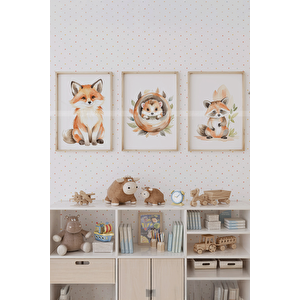 Tilki, Kirpi Ve Rakun 3’lü 1. Kalite Ahşap Çerçeveli Tablo Seti – Çocuk Odası Dekoru 21x30 cm