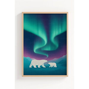Kutup Ayıları Ve Kuzey Işıkları 3’lü Ahşap Çerçeveli Tablo Seti - Doğa Salon Dekoru