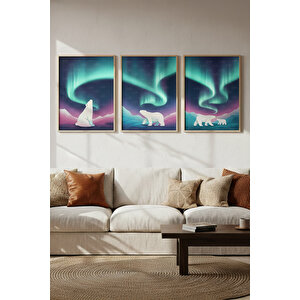 Kutup Ayıları Ve Kuzey Işıkları 3’lü Ahşap Çerçeveli Tablo Seti - Doğa Salon Dekoru 30x42 cm
