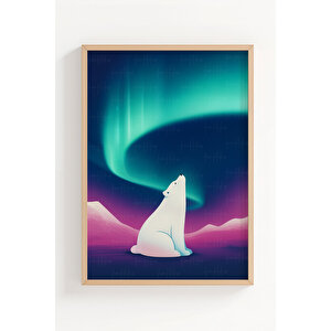 Kutup Ayıları Ve Kuzey Işıkları 3’lü Ahşap Çerçeveli Tablo Seti - Doğa Salon Dekoru 30x42 cm