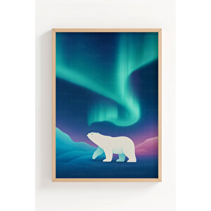 Kutup Ayıları Ve Kuzey Işıkları 3’lü Ahşap Çerçeveli Tablo Seti - Doğa Salon Dekoru 30x42 cm