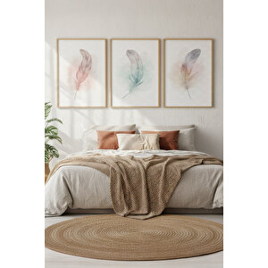 Tüy Desenli 3’lü Minimalist Ahşap Çerçeveli Tablo Seti - Yatak Odası Dekoru 50x70 cm