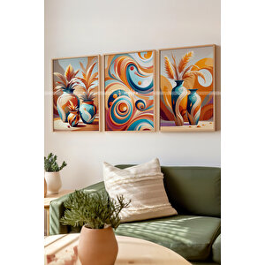 Modern Vazo Ve Desen Temalı 3'lü Ahşap Çerçeveli Tablo Seti 30x42 30x42 cm