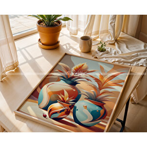 Modern Vazo Ve Desen Temalı 3'lü Ahşap Çerçeveli Tablo Seti 30x42 30x42 cm