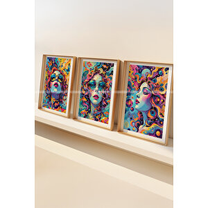 Renkli Sanatsal Portre Temalı 3'lü Ahşap Çerçeveli Tablo Seti 21x30 21x30 cm
