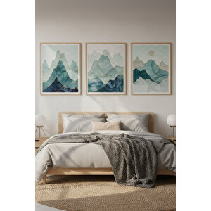 Mavi Dağ Manzarası Temalı 3’lü Ahşap Çerçeveli Tablo Seti - Yatak Odası Dekoru 21x30 cm