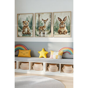Orman Hayvanları 3’lü Ahşap Çerçeveli Dekoratif Tablo Seti – Ayı, Geyik Ve Tavşan 30x42 cm