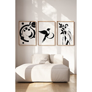Minimalist Kuş Ve Soyut İnsan 3 Parçalı Ahşap Çerçeveli Tablo Seti 50x70 cm