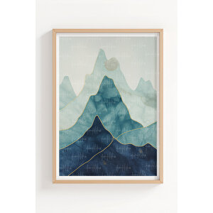 Mavi Dağ Manzarası Temalı 3’lü Ahşap Çerçeveli Tablo Seti - Yatak Odası Dekoru 50x70 cm