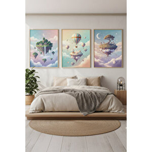 Uçan Adalar Ve Balonlar 3’lü Ahşap Çerçeveli Tablo Seti - Fantastik Yatak Odası Dekoru 21x30 cm