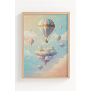 Uçan Adalar Ve Balonlar 3’lü Ahşap Çerçeveli Tablo Seti - Fantastik Yatak Odası Dekoru 21x30 cm
