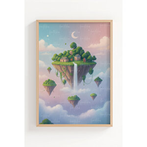Uçan Adalar Ve Balonlar 3’lü Ahşap Çerçeveli Tablo Seti - Fantastik Yatak Odası Dekoru