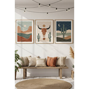 Çöl Ve Kaktüs Temalı 3’lü Ahşap Çerçeveli Tablo Seti - Modern Bohem Dekor 50x70 cm