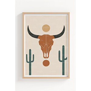 Çöl Ve Kaktüs Temalı 3’lü Ahşap Çerçeveli Tablo Seti - Modern Bohem Dekor 50x70 cm