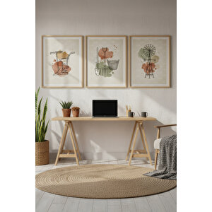 Köy Yaşamı 3’lü Ahşap Çerçeveli Tablo Seti - Çalışma Odası Dekoru 21x30 cm