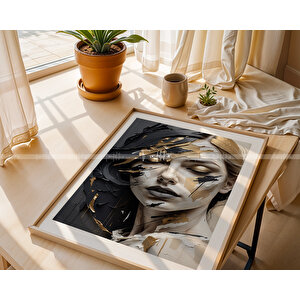 Altın Dokunuşlu Modern Portre Temalı 3'lü Ahşap Çerçeveli Tablo Seti - 21x30 21x30 cm