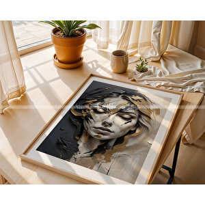 Altın Dokunuşlu Modern Portre Temalı 3'lü Ahşap Çerçeveli Tablo Seti - 21x30