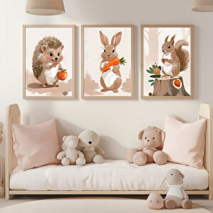 Orman Hayvanları 3’lü 1. Kalite Ahşap Çerçeveli Tablo Seti – Çocuk Odası Dekoru 30x42 cm