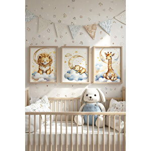 Bebek Ve Çocuk Odası Uyuyan Hayvanlar Tema Ahşap Çerçeveli 3'lü Tablo Seti 30x42 cm