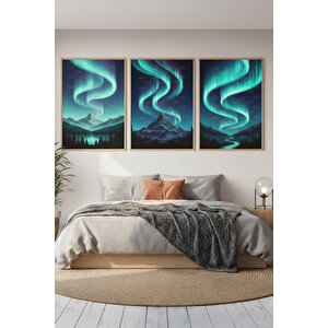 Kuzey Işıkları 3’lü Ahşap Çerçeveli Tablo Seti - Yatak Odası Dekoru 21x30 cm