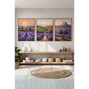 Lavanta Tarlası 3’lü Ahşap Çerçeveli Tablo Seti - Doğa Manzara Duvar Dekoru 30x42 cm