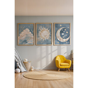 Bebek Ve Çocuk Odası Güneş, Ay Ve Bulut Tema Ahşap Çerçeveli 3'lü Tablo Seti 30x42 cm