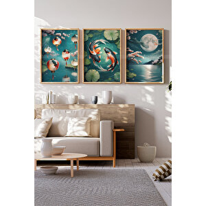 Japon Kültürü Koi Balıkları 3 Parçalı Ahşap Çerçeveli Tablo Seti 30x42 cm
