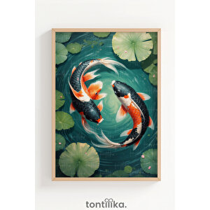 Japon Kültürü Koi Balıkları 3 Parçalı Ahşap Çerçeveli Tablo Seti 30x42 cm