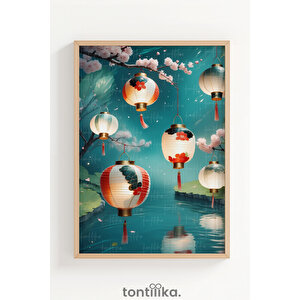 Japon Kültürü Koi Balıkları 3 Parçalı Ahşap Çerçeveli Tablo Seti