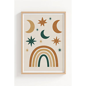 Güneş Ay Ve Gökyüzü Figürleri 3 Parçalı Ahşap Çerçeveli Tablo Seti 21x30 cm