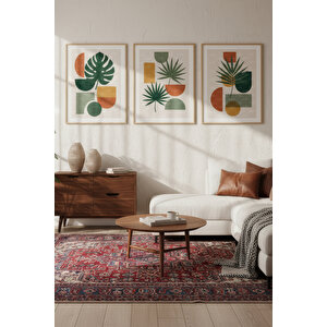 Tropikal Yaprak Ve Geometrik Desen 3 Parçalı Ahşap Çerçeveli Tablo Seti 50x70 cm
