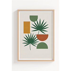 Tropikal Yaprak Ve Geometrik Desen 3 Parçalı Ahşap Çerçeveli Tablo Seti 50x70 cm