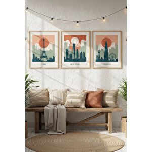 Paris New York Londra 3’lü Ahşap Çerçeveli Tablo Seti - Modern Duvar Dekoru