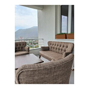 Çay Seti Koltuk Takımı - Keten Kumaş - Ahşap Ayak - Gürgen İskelet - Kahverengi